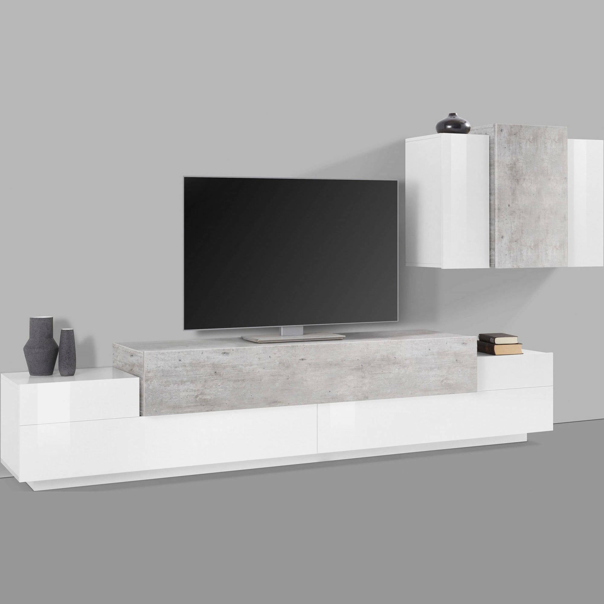 Parete attrezzata da soggiorno Alaskino, Made in Italy, Mobile porta TV e pensile , Set salotto moderno, cm 280x45h180, Bianco lucido e Cemento