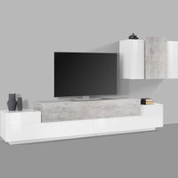 Parete attrezzata da soggiorno Alaskino, Made in Italy, Mobile porta TV e pensile , Set salotto moderno, cm 280x45h180, Bianco lucido e Cemento