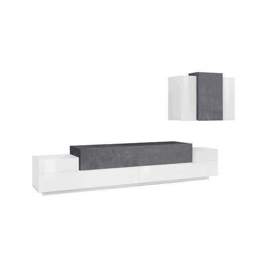 Parete attrezzata da soggiorno Alaskino, Made in Italy, Base porta TV e pensile sospeso, cm 280x45h180, colore Bianco lucido e Grigio Cenere