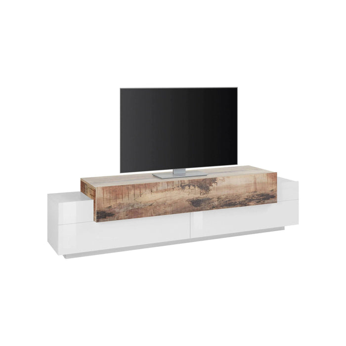 Mobile da soggiorno Porta Arold, Made in Italy, Supporto per Arold da salotto a 3 ante e ripiani, cm 200x45h52, Bianco lucido e Acero