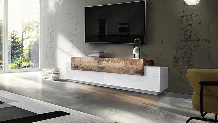 Mobile da soggiorno Porta Arold, Made in Italy, Supporto per Arold da salotto a 3 ante e ripiani, cm 200x45h52, Bianco lucido e Acero