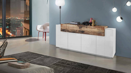 Credenza moderna a 5 Discordia, Made in Italy, Madia da cucina, Buffet di design da soggiorno, cm 200x45h86, colore Bianco lucido e Acero