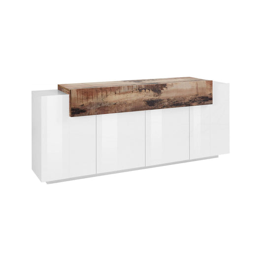 Credenza moderna a 5 Discordia, Made in Italy, Madia da cucina, Buffet di design da soggiorno, cm 200x45h86, colore Bianco lucido e Acero