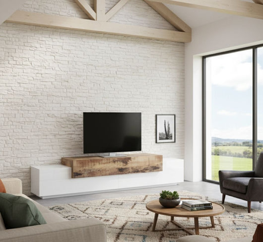 Mobile da soggiorno Porta Tiche, Made in Italy, Supporto per Tiche da salotto a 3 ante e ripiani, cm 240x45h52, Bianco lucido e Acero