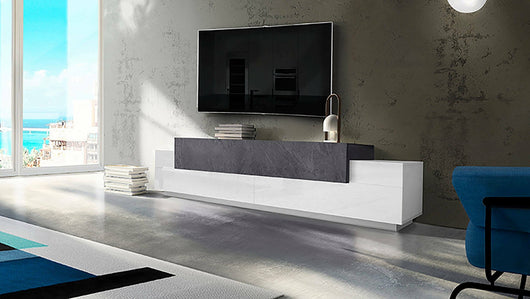 Mobile da soggiorno Porta Tiche, Made in Italy, Credenza per Tiche da salotto a 3 ante e ripiani, cm 240x45h52, colore Bianco lucido e Grigio Cenere