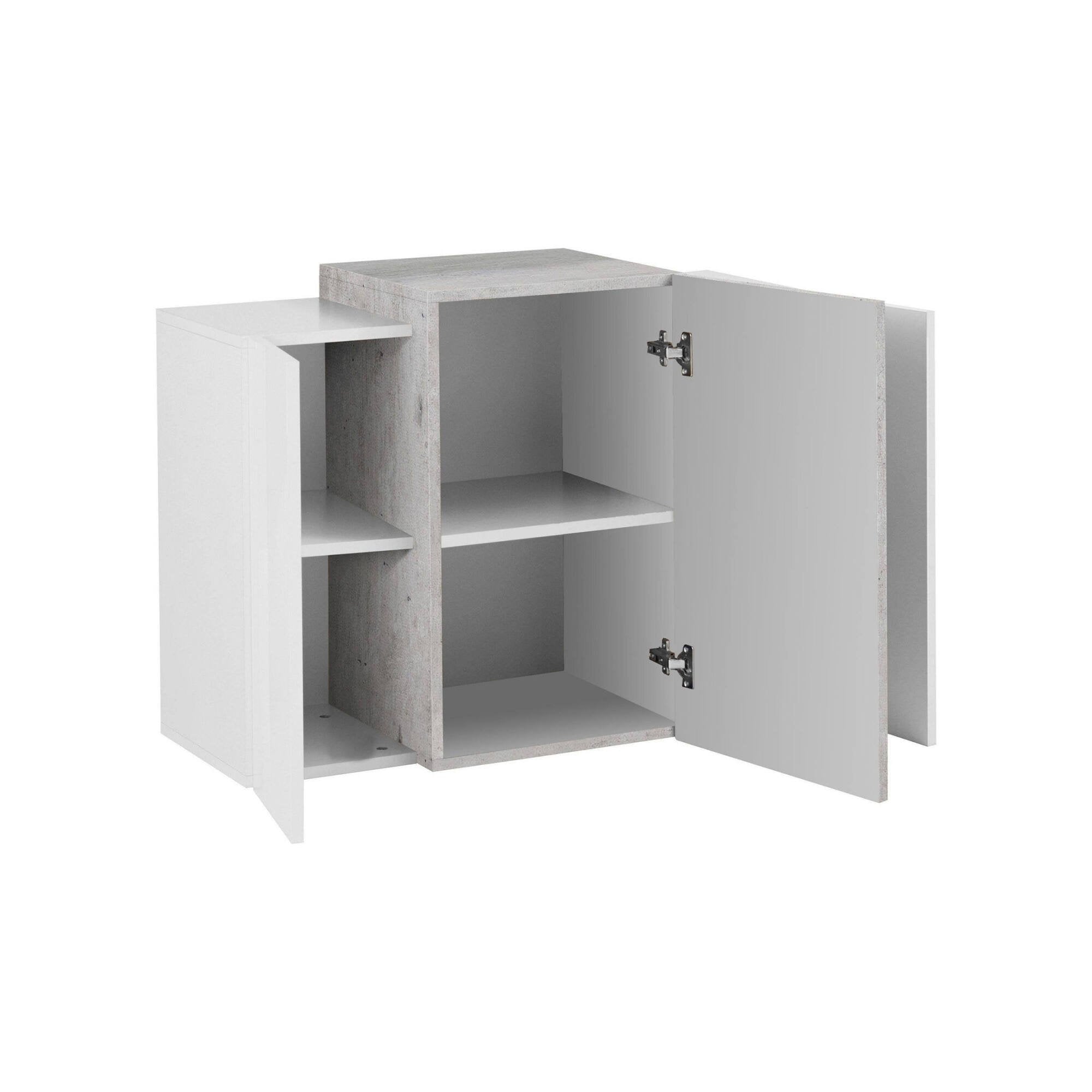 Pensile da Andras, Made in Italy, Mobile da soggiorno sospeso a 3 ante, cm 90x38h66, Bianco lucido e Grigio Cenere