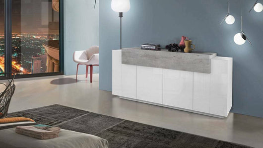 Credenza moderna a 5 Discordia, Made in Italy, Madia da cucina, Buffet di design da soggiorno, cm 200x45h86, Bianco lucido e Cemento