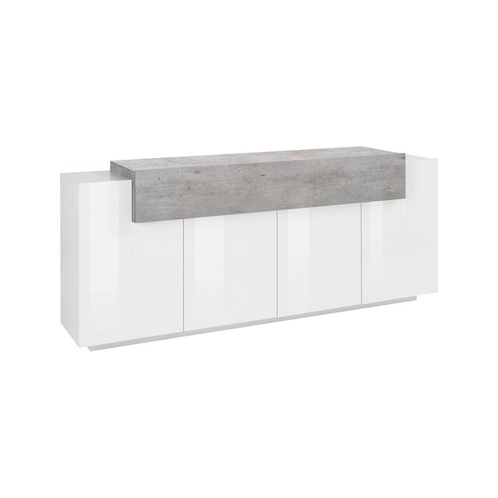 Credenza moderna a 5 Discordia, Made in Italy, Madia da cucina, Buffet di design da soggiorno, cm 200x45h86, Bianco lucido e Cemento