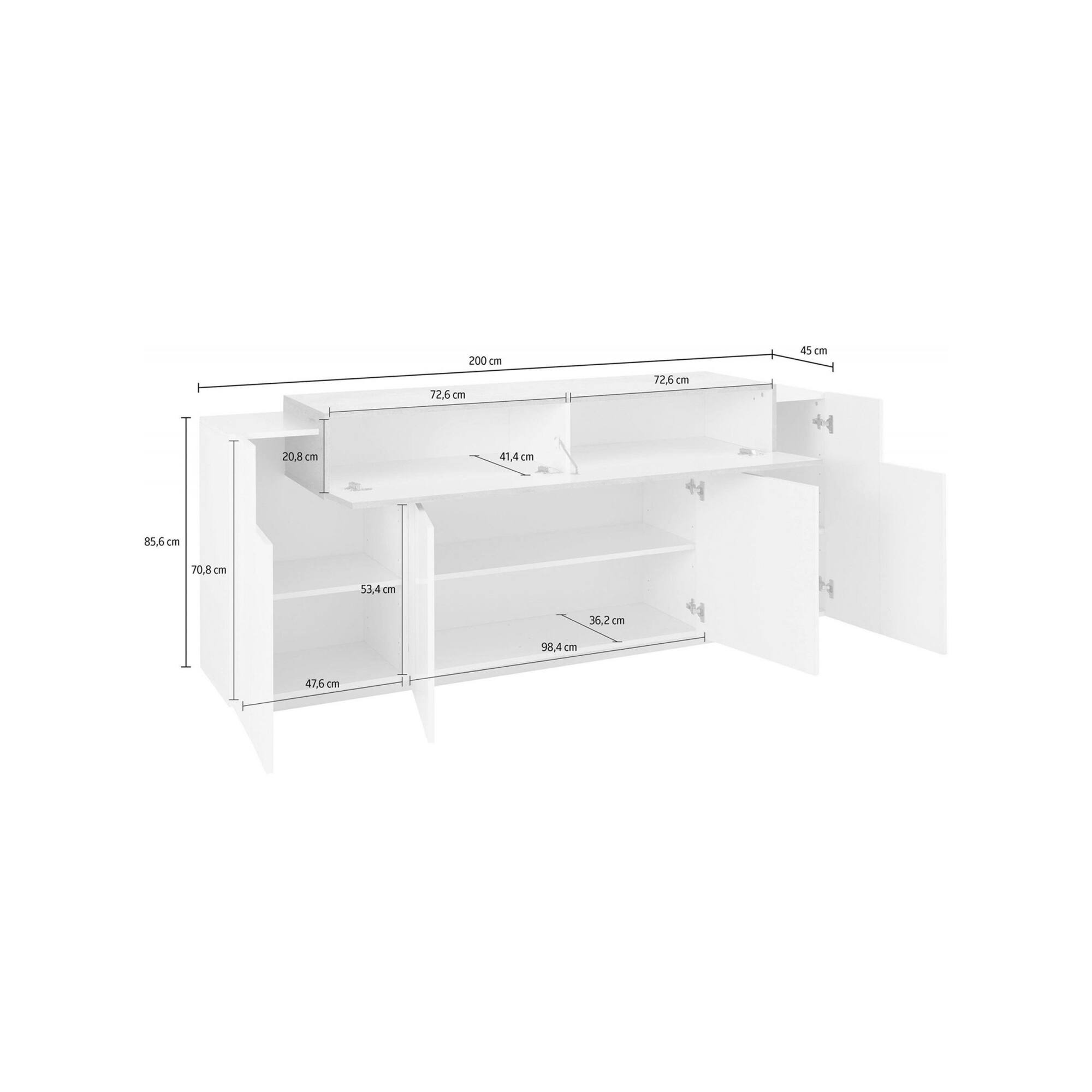 Credenza moderna a 5 Discordia, Made in Italy, Madia da cucina, Buffet di design da soggiorno, cm 200x45h86, Bianco lucido e Cemento