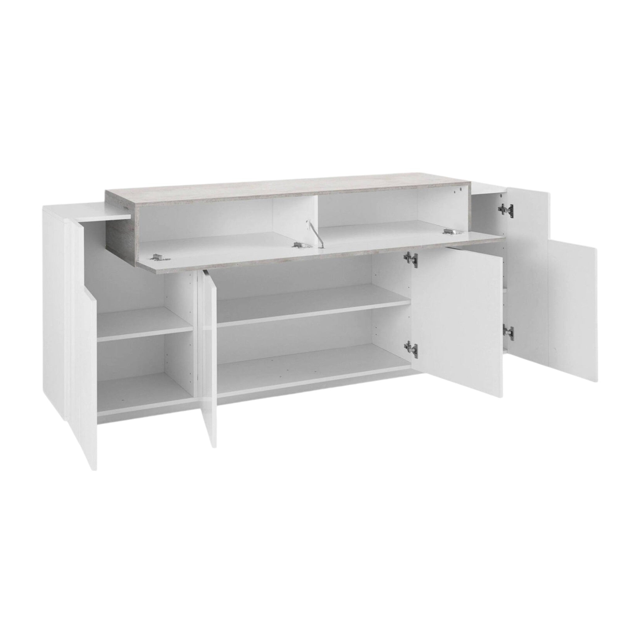 Credenza moderna a 5 Discordia, Made in Italy, Madia da cucina, Buffet di design da soggiorno, cm 200x45h86, Bianco lucido e Cemento
