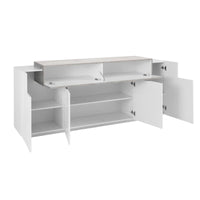 Credenza moderna a 5 Discordia, Made in Italy, Madia da cucina, Buffet di design da soggiorno, cm 200x45h86, Bianco lucido e Cemento