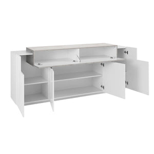 Credenza moderna a 5 Discordia, Made in Italy, Madia da cucina, Buffet di design da soggiorno, cm 200x45h86, Bianco lucido e Cemento