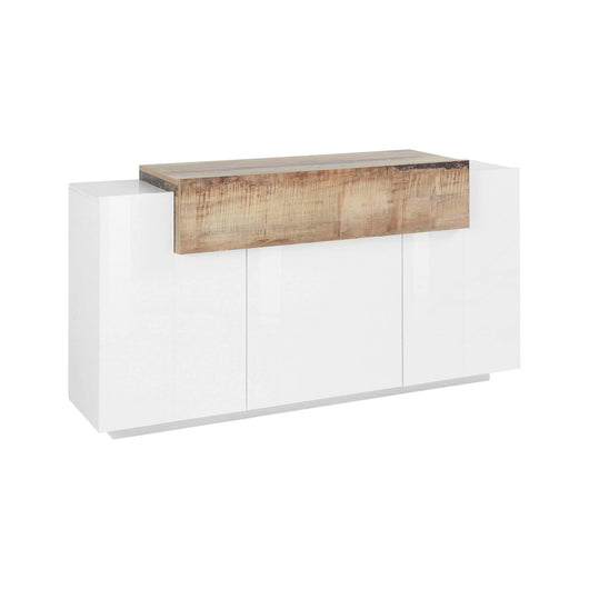 Credenza moderna a 4 ante con Aschly, Made in Italy, Madia da cucina, Buffet di design da soggiorno, cm 160x45h86, Bianco lucido e Acero
