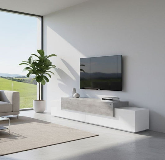 Mobile da soggiorno Porta Tiche, Made in Italy, Supporto per Tiche da salotto a 3 ante e ripiani, cm 240x45h52, Bianco lucido e Cemento