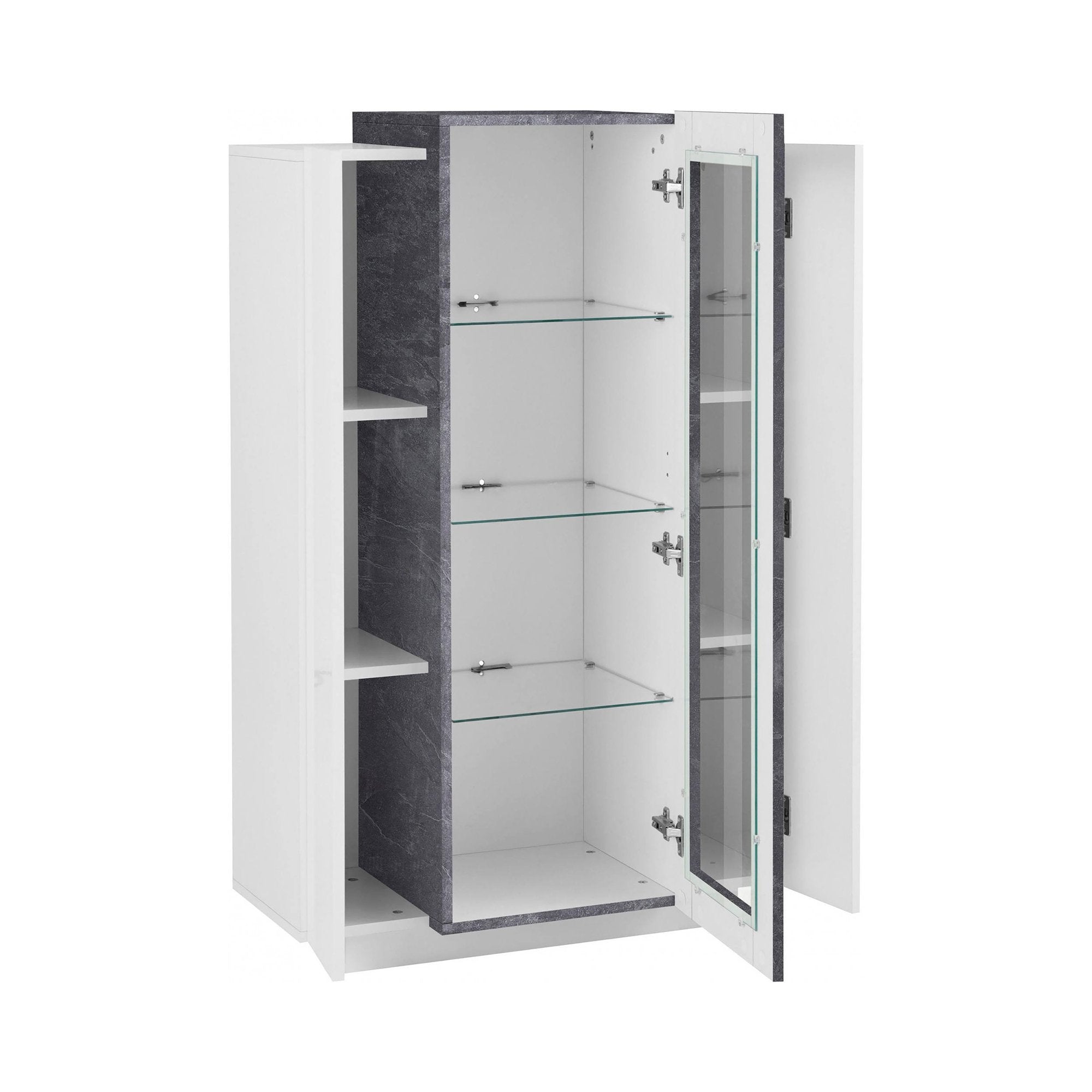 Vetrina moderna con anta a Ablaze, Made in Italy, Mobile vetrinetta da soggiorno, cm 80x38h121, Bianco lucido e Grigio Cenere, con luce LED bianca