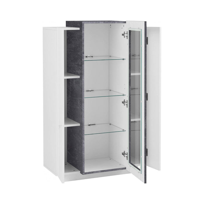 Vetrina moderna con anta a Ablaze, Made in Italy, Mobile vetrinetta da soggiorno, cm 80x38h121, Bianco lucido e Grigio Cenere, con luce LED bianca
