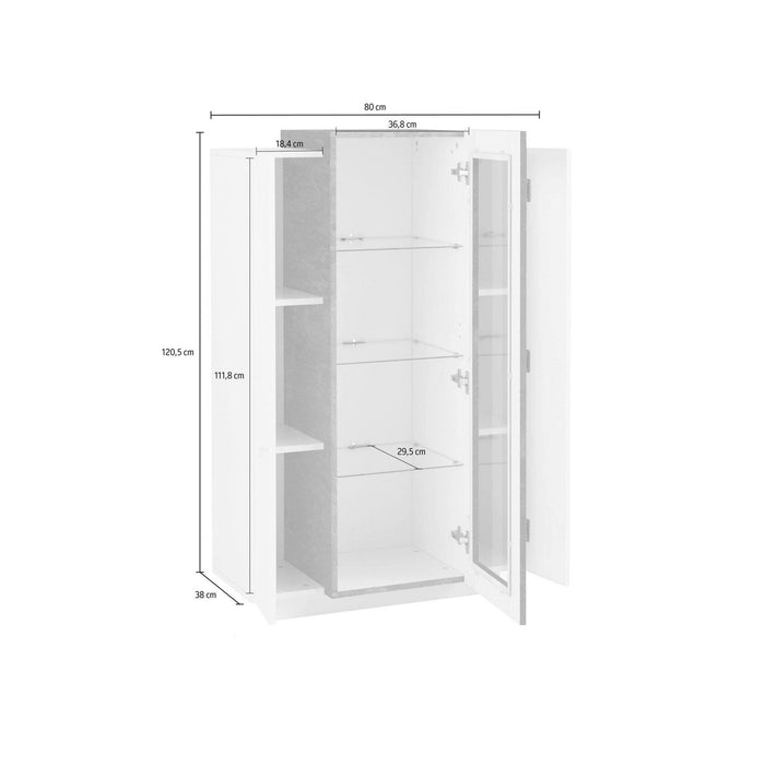 Vetrina moderna con anta a Ablaze, Made in Italy, Mobile vetrinetta da soggiorno, cm 80x38h121, Bianco lucido e Grigio Cenere, con luce LED bianca