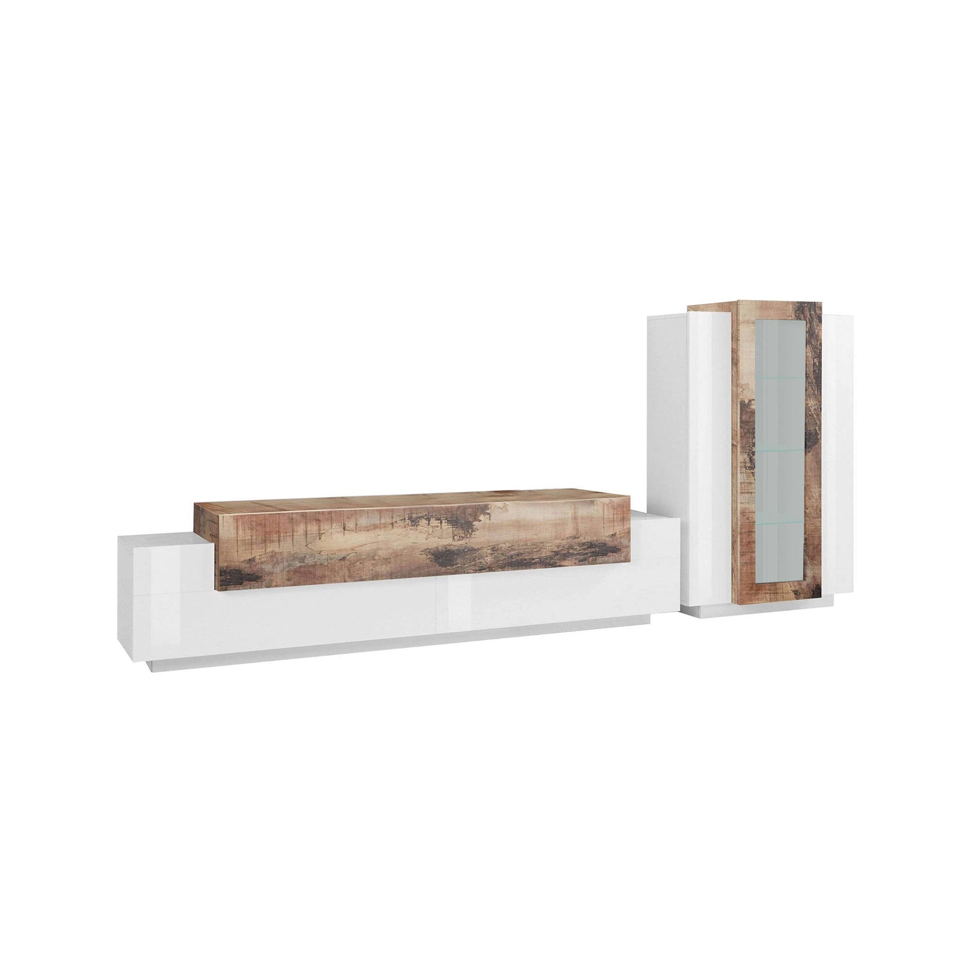 Parete attrezzata da soggiorno Anisia, Made in Italy, Porta TV a luce LED bianca, Set salotto moderno, cm 290x45h121, Bianco lucido e Acero