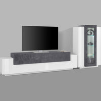Parete attrezzata da soggiorno Anisia, Made in Italy, Porta TV a luce LED bianca, Set salotto moderno, cm 290x45h121, Bianco lucido e Grigio Cenere