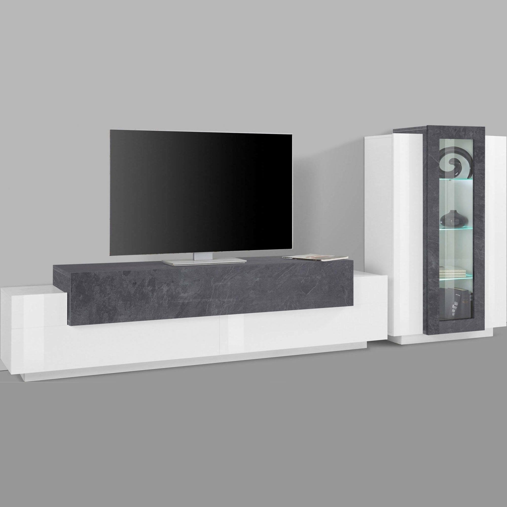 Parete attrezzata da soggiorno Anisia, Made in Italy, Porta TV a luce LED bianca, Set salotto moderno, cm 290x45h121, Bianco lucido e Grigio Cenere