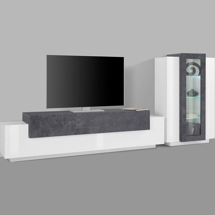 Parete attrezzata da soggiorno Anisia, Made in Italy, Porta TV a luce LED bianca, Set salotto moderno, cm 290x45h121, Bianco lucido e Grigio Cenere