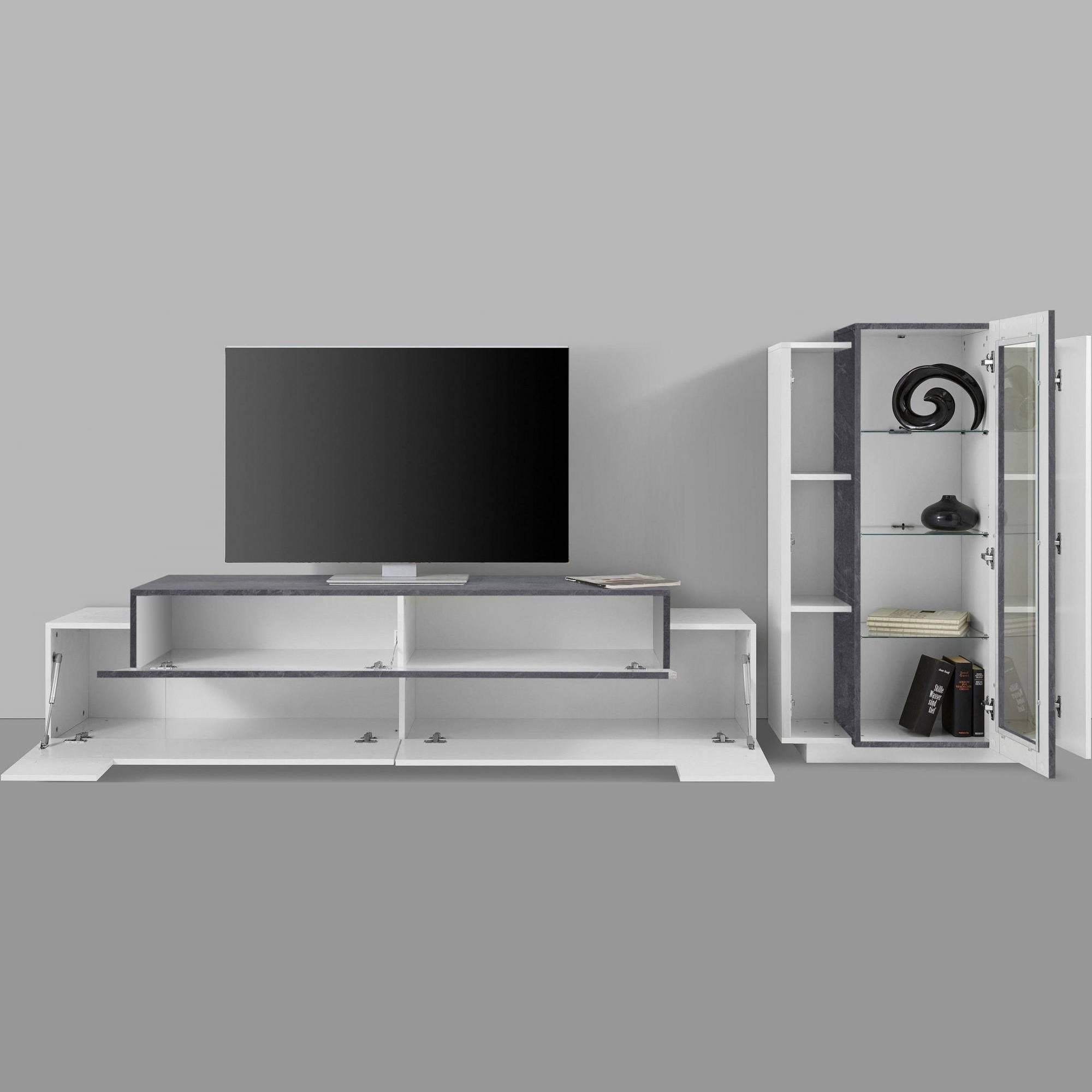 Parete attrezzata da soggiorno Anisia, Made in Italy, Porta TV a luce LED bianca, Set salotto moderno, cm 290x45h121, Bianco lucido e Grigio Cenere