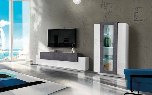 Parete attrezzata da soggiorno Anisia, Made in Italy, Porta TV a luce LED bianca, Set salotto moderno, cm 290x45h121, Bianco lucido e Grigio Cenere