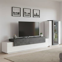 Parete attrezzata da soggiorno Anisia, Made in Italy, Porta TV a luce LED bianca, Set salotto moderno, cm 290x45h121, Bianco lucido e Grigio Cenere