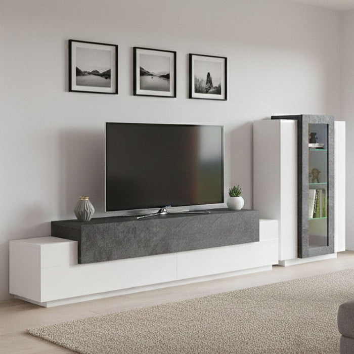 Parete attrezzata da soggiorno Anisia, Made in Italy, Porta TV a luce LED bianca, Set salotto moderno, cm 290x45h121, Bianco lucido e Grigio Cenere