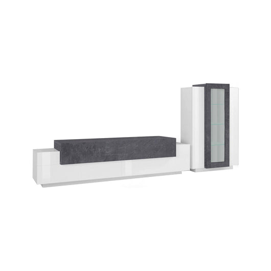 Parete attrezzata da soggiorno Anisia, Made in Italy, Porta TV a luce LED bianca, Set salotto moderno, cm 290x45h121, Bianco lucido e Grigio Cenere