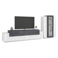 Parete attrezzata da soggiorno Anisia, Made in Italy, Porta TV a luce LED bianca, Set salotto moderno, cm 290x45h121, Bianco lucido e Grigio Cenere