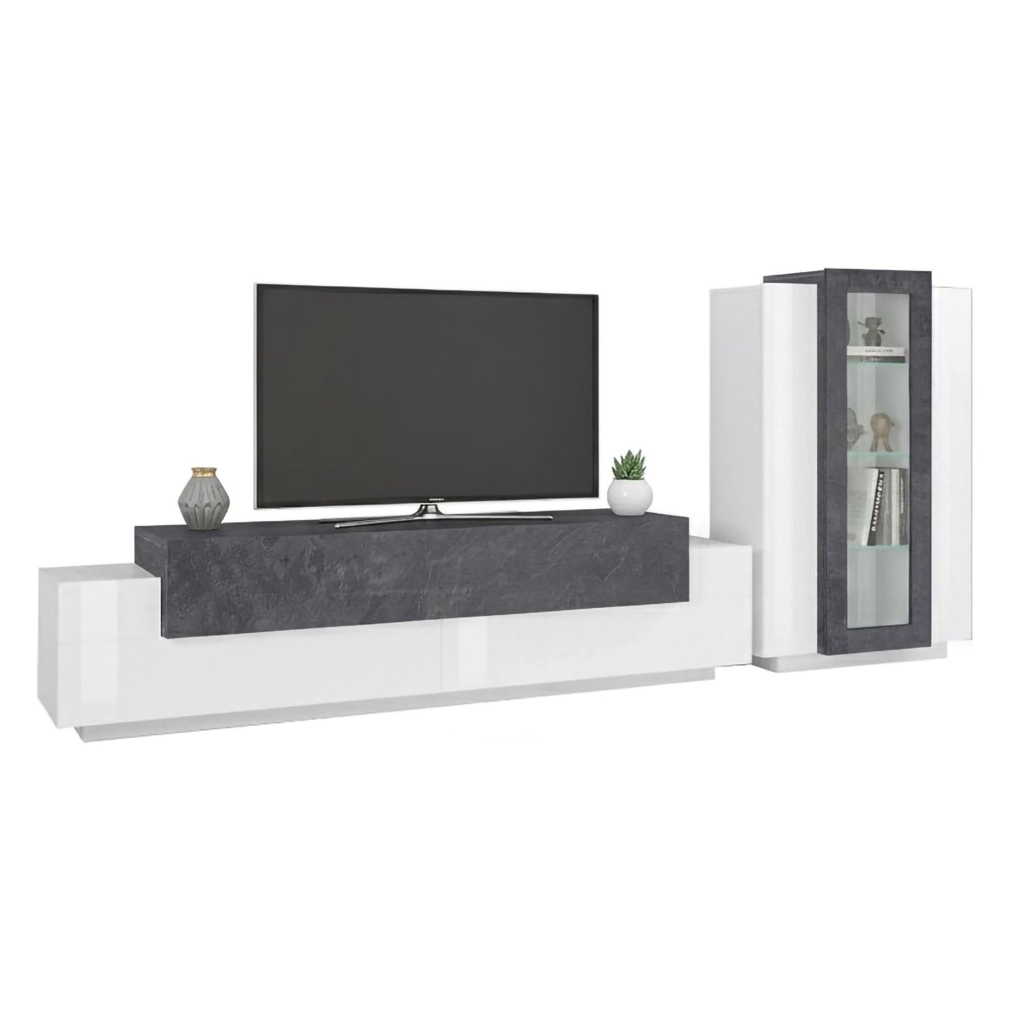 Parete attrezzata da soggiorno Anisia, Made in Italy, Porta TV a luce LED bianca, Set salotto moderno, cm 290x45h121, Bianco lucido e Grigio Cenere
