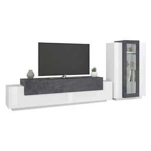 Parete attrezzata da soggiorno Anisia, Made in Italy, Porta TV a luce LED bianca, Set salotto moderno, cm 290x45h121, Bianco lucido e Grigio Cenere