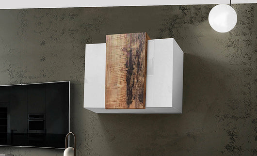 Pensile da Andras, Made in Italy, Mobile da soggiorno sospeso a 3 ante, cm 90x38h66, Bianco lucido e Acero