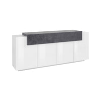 Credenza moderna a 5 Discordia, Made in Italy, Madia da cucina, Buffet di design da soggiorno, cm 200x45h86, Bianco lucido e Grigio Cenere