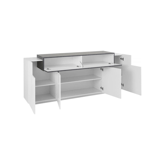 Credenza moderna a 5 Discordia, Made in Italy, Madia da cucina, Buffet di design da soggiorno, cm 200x45h86, Bianco lucido e Grigio Cenere