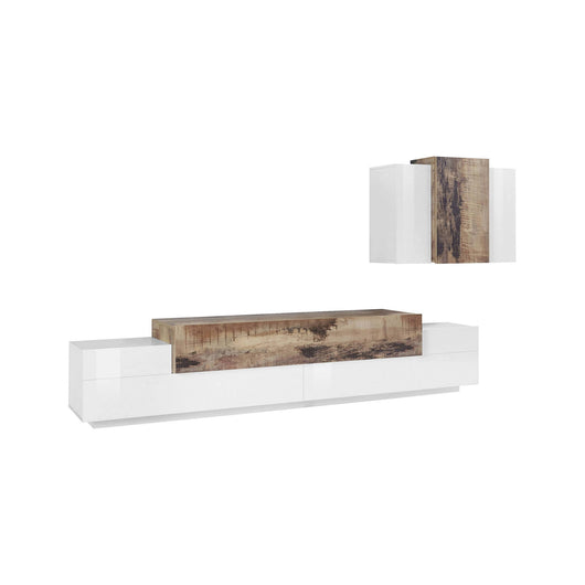 Parete attrezzata da soggiorno Alaskino, Made in Italy, Mobile porta TV e pensile , Set salotto moderno, cm 280x45h180, Bianco lucido e Acero