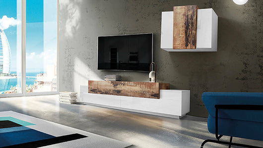 Parete attrezzata da soggiorno Alaskino, Made in Italy, Mobile porta TV e pensile , Set salotto moderno, cm 280x45h180, Bianco lucido e Acero