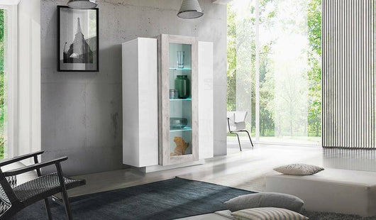 Vetrina moderna con anta a Ablaze, Made in Italy, Mobile vetrinetta da soggiorno, cm 80x38h121, Bianco lucido e Cemento