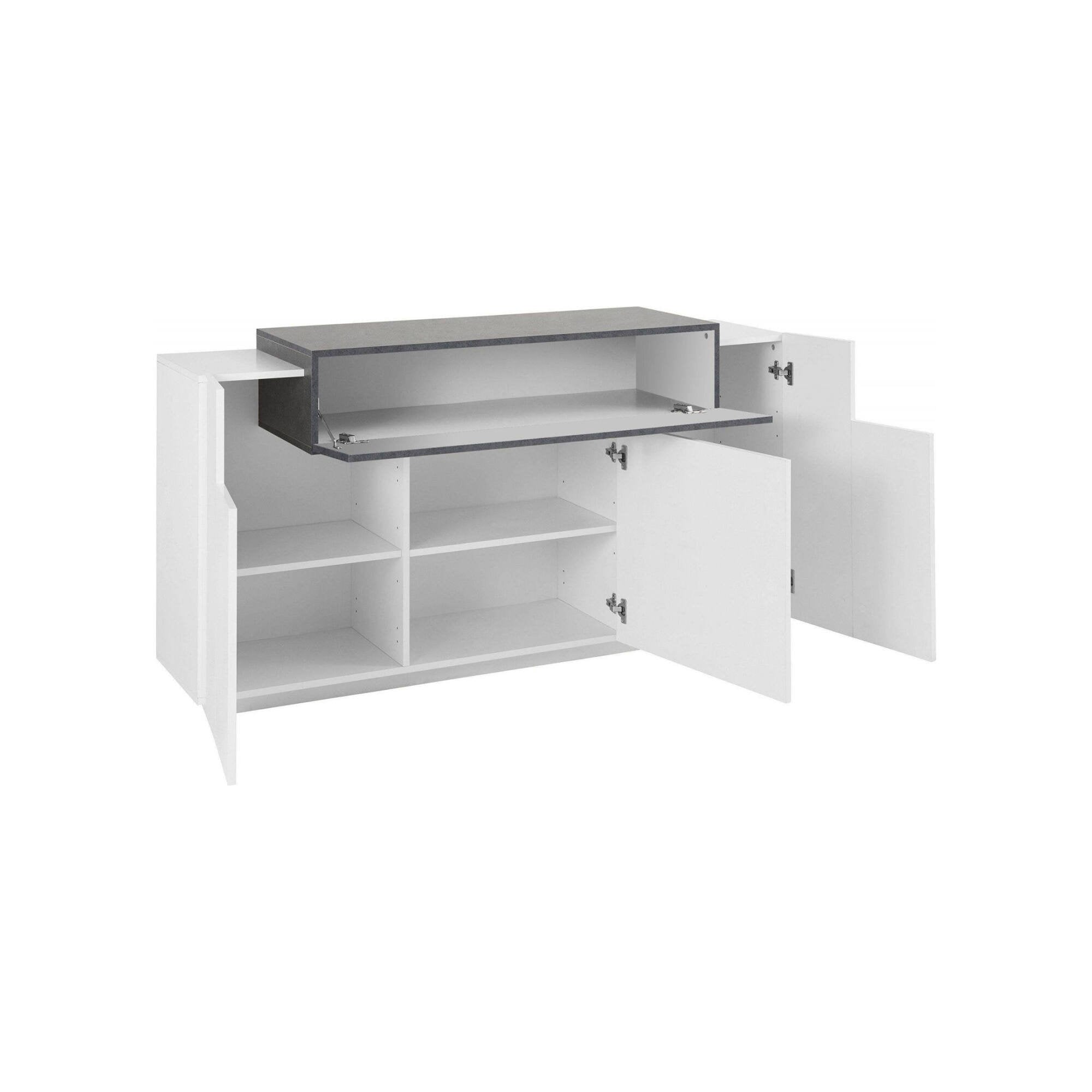 Credenza moderna a 4 ante con Aschly, Made in Italy, Madia da cucina, Buffet di design da soggiorno, cm 160x45h86, colore Bianco lucido e Grigio Cenere