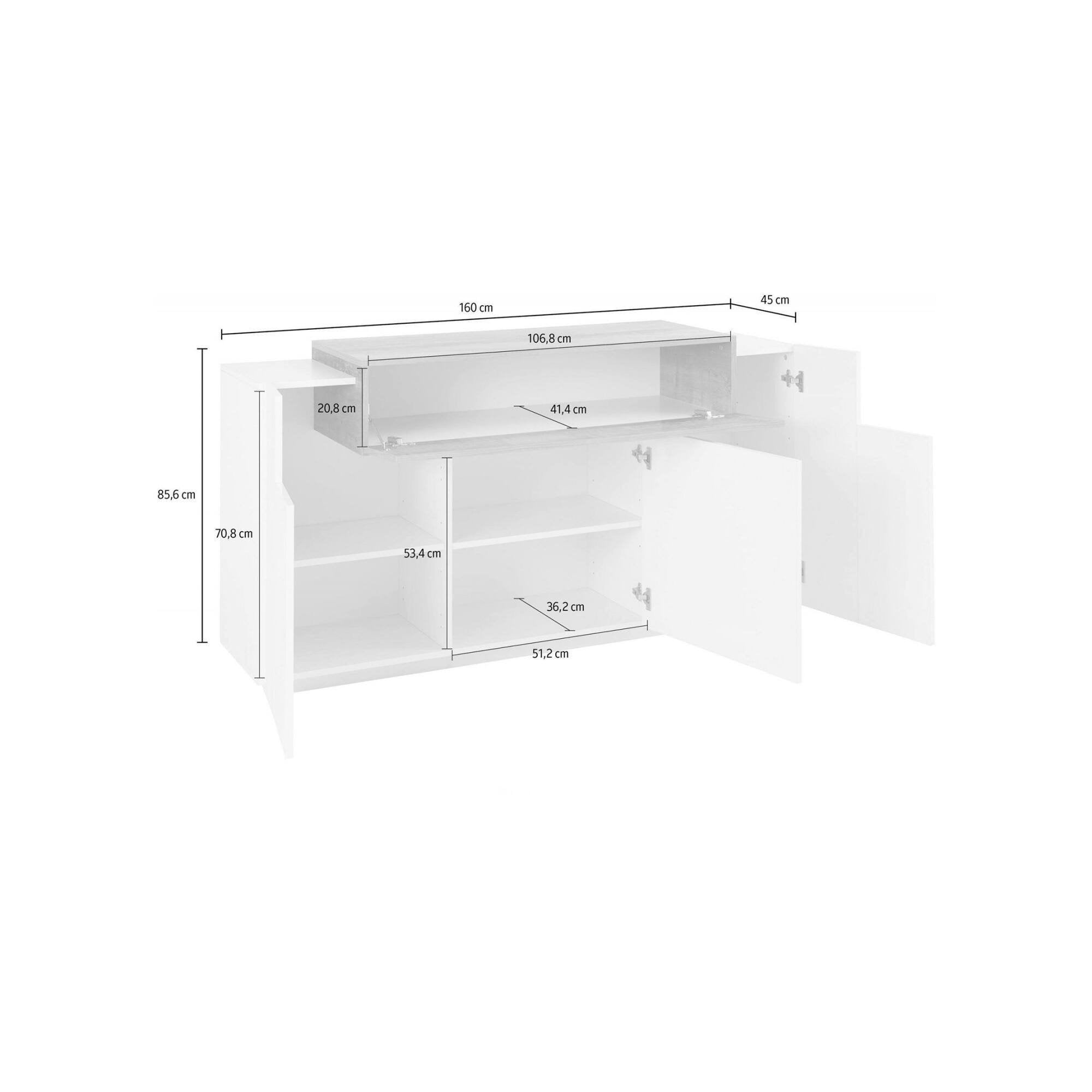 Credenza moderna a 4 ante con Aschly, Made in Italy, Madia da cucina, Buffet di design da soggiorno, cm 160x45h86, colore Bianco lucido e Grigio Cenere