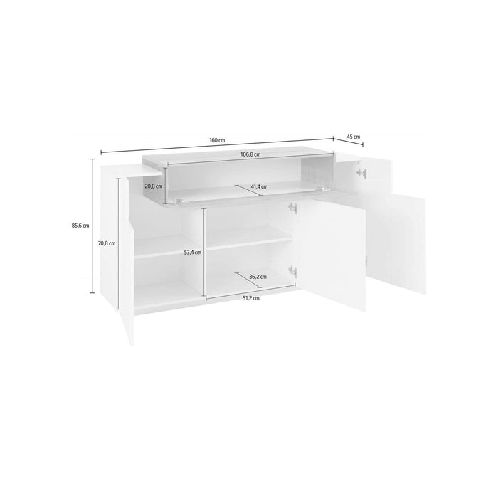 Credenza moderna a 4 ante con Aschly, Made in Italy, Madia da cucina, Buffet di design da soggiorno, cm 160x45h86, colore Bianco lucido e Grigio Cenere