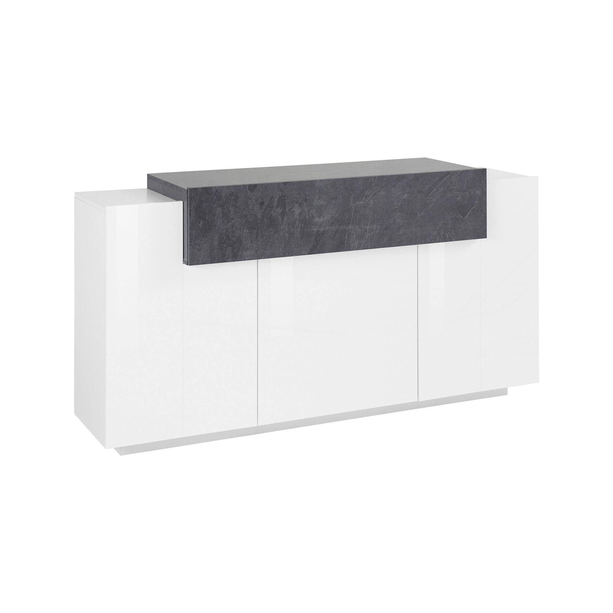 Credenza moderna a 4 ante con Aschly, Made in Italy, Madia da cucina, Buffet di design da soggiorno, cm 160x45h86, colore Bianco lucido e Grigio Cenere