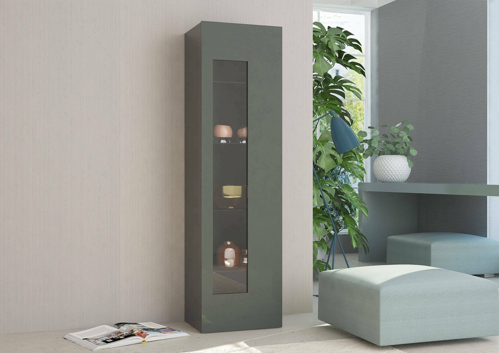 Mobile a colonna con anta a Adatka, Made in Italy, Credenza con ripiani, Vetrinetta da soggiorno, cm 45x34h162, Antracite lucido