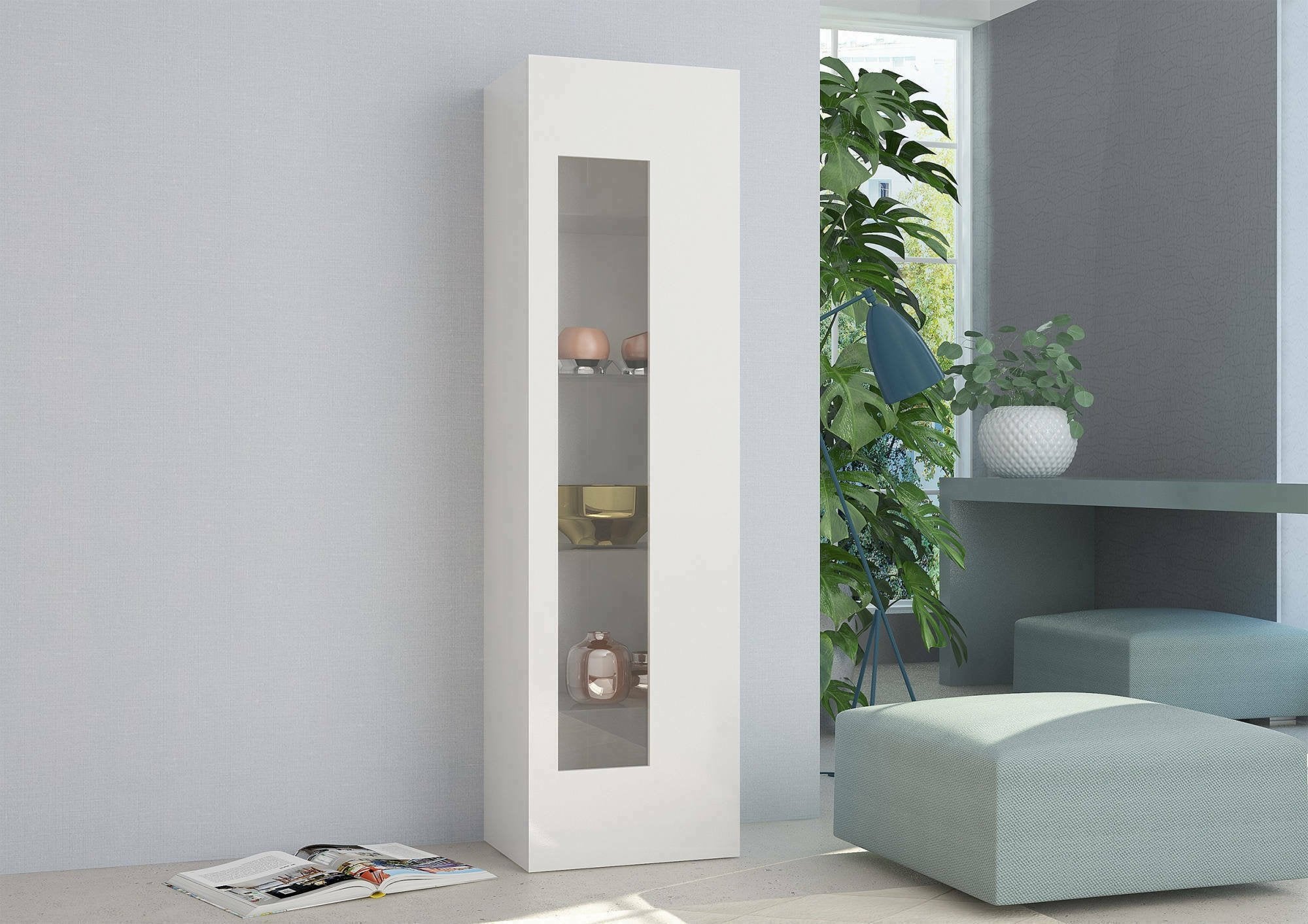 Mobile a colonna con anta a Adatka, Made in Italy, Credenza con ripiani, Vetrinetta da soggiorno, cm 45x34h162, Bianco lucido