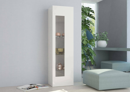 Mobile a colonna con anta a Adatka, Made in Italy, Credenza con ripiani, Vetrinetta da soggiorno, cm 45x34h162, Bianco lucido
