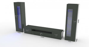 Parete attrezzata da soggiorno Aslhey, Made in Italy, Mobile porta TV, Set salotto moderno, cm 300x40h162, Antracite lucido, con luce LED blu