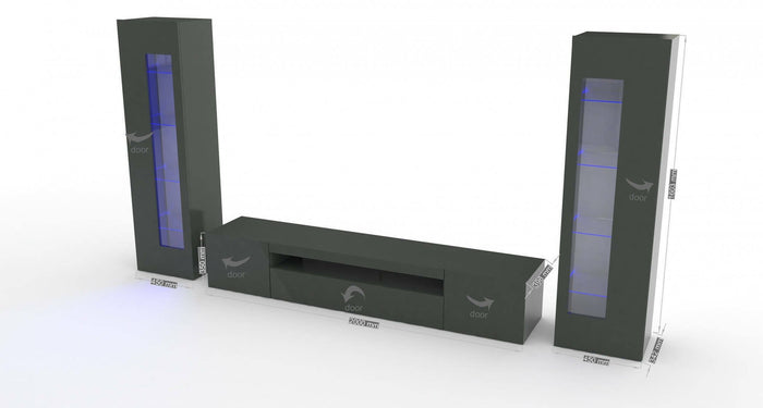 Parete attrezzata da soggiorno Aslhey, Made in Italy, Mobile porta TV, Set salotto moderno, cm 300x40h162, Antracite lucido, con luce LED blu