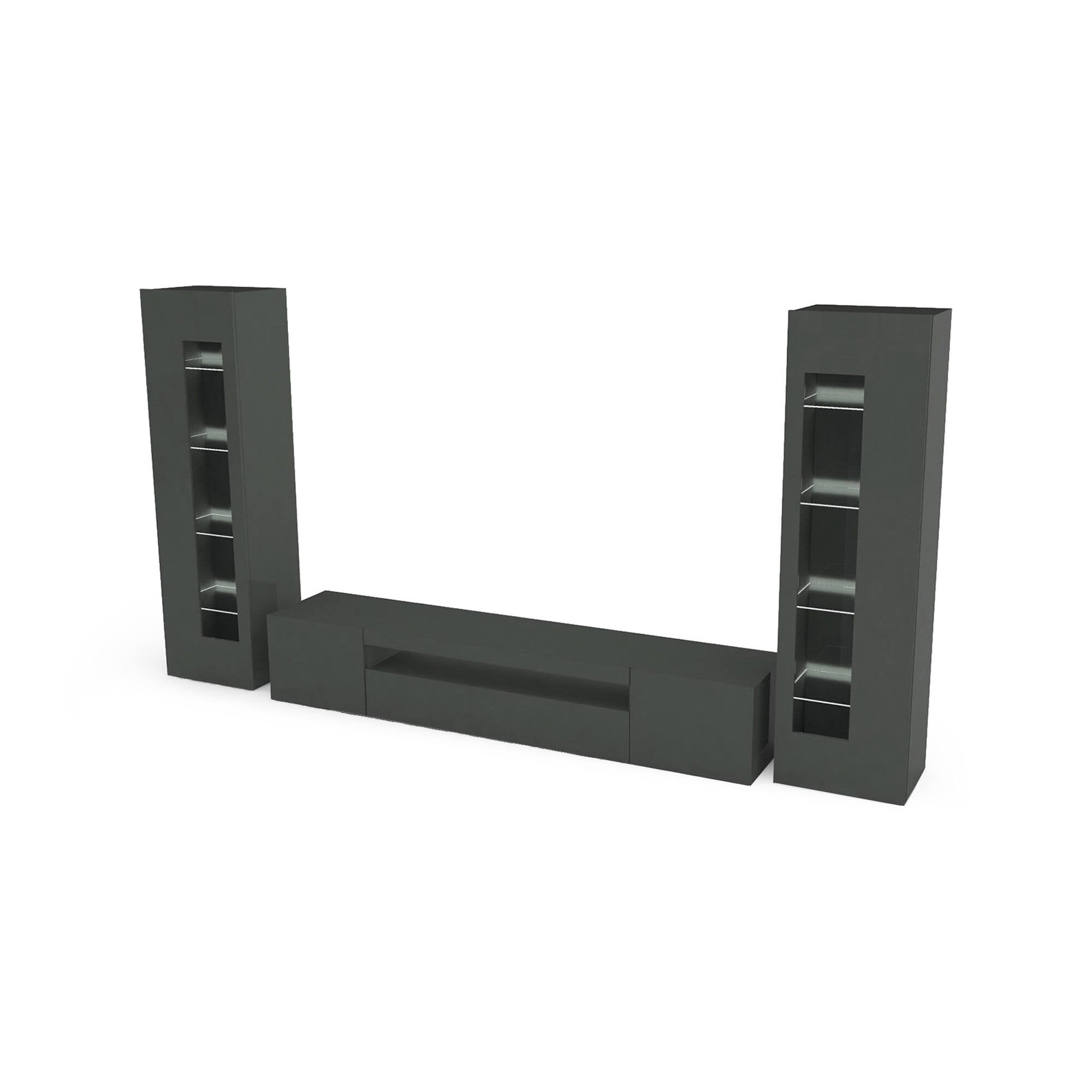 Parete attrezzata da soggiorno Aslhey, Made in Italy, Mobile porta TV, Set salotto moderno, cm 300x40h162, Antracite lucido, con luce LED blu