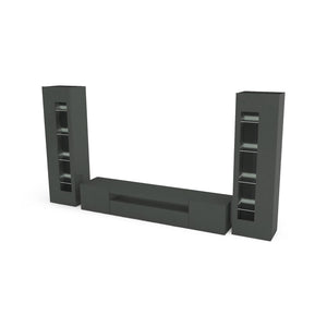 Parete attrezzata da soggiorno Aslhey, Made in Italy, Mobile porta TV, Set salotto moderno, cm 300x40h162, Antracite lucido, con luce LED blu